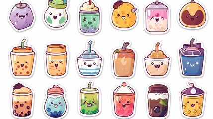 A set of cute animated cartoon bubble milk tea emoji stickers