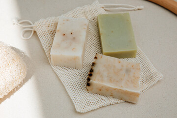 Handmade soap from natural ingredients, various herbs, aloe. Concept of sustainable use, bath...