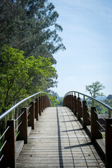 V View of the central part of a narrow wooden bridge