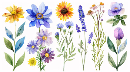 Fototapeta premium Hand drawn botanical art set with watercolor flowers and leaves, showcasing a collection of nature-inspired elements, isolated on white background