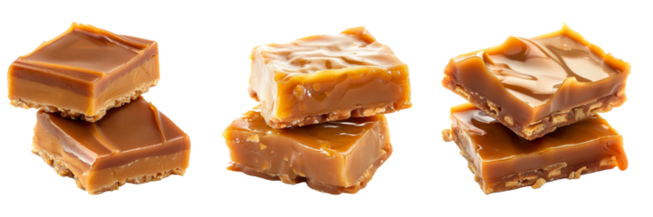 Isolated on a white background, two pieces of toffee topped with melted caramel..