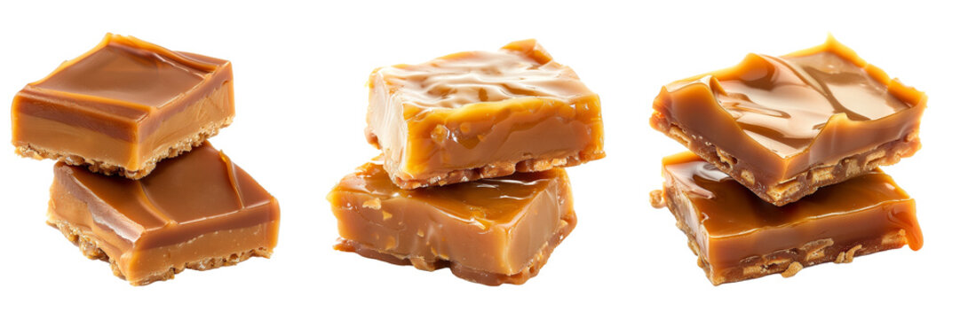 Isolated on a white background, two pieces of toffee topped with melted caramel..