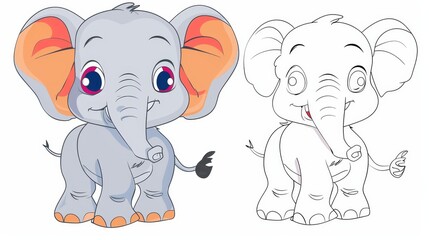 A cartoon elephant with line art, isolated on a white background, with no color.