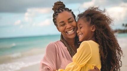 On a Cancun beach vacation, friends and delighted black women embrace. Smile, friendliness, sea vacation, female companion or partner laughing at jokes and hugging.