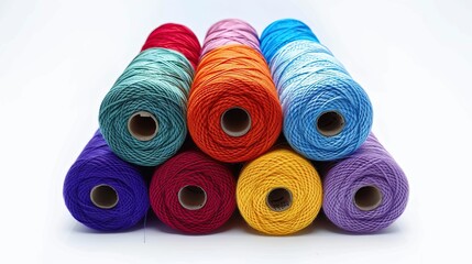 Rolls of colorful threads stacked on top of each other isolated on a white background