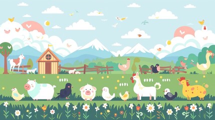 Various farm animals with landscapes - cows, pigs, sheep, horses, roosters, chickens, donkeys, hens, gooses, ducks, cats, dogs. The illustration is flat in style with a cartoon look.