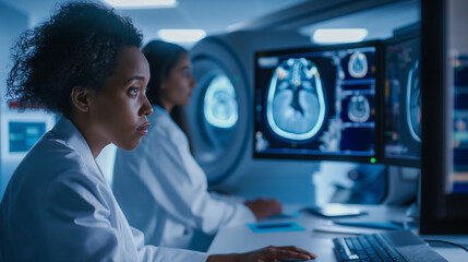 Two female scientists in lab coats working at computer