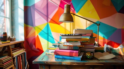 Study table with lamp and a stack of books. The books are bright colors and different sizes, and the lights are yellow. The table is in a room with colorful walls.