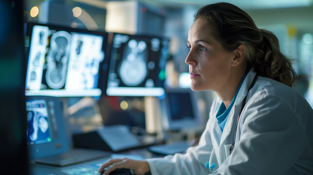 Scientist in lab coat working at computer