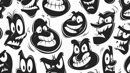 Animated retro cartoon character face seamless pattern, 50s mascot texture print, graphic wallpaper with facial expressions. Black and white.
