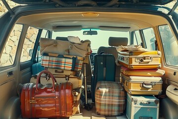 Suitcases in a car trunk. Traveling by car.
