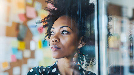 Focused african american casual businesswoman writing on transparent board in office, copy space