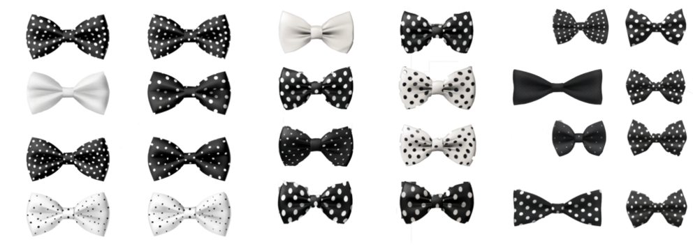 A black and white bow tie is isolated on a transparent background with polka dots