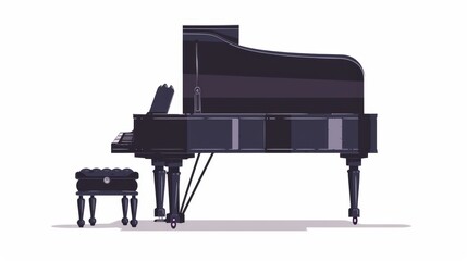 A classical piano on a white background with a black stool next to it. A cute flat cartoon illustration of a piano.