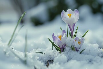 Crocuses blooming in the snow, a beautiful sign of spring emerging with vibrant white and purple floral petals