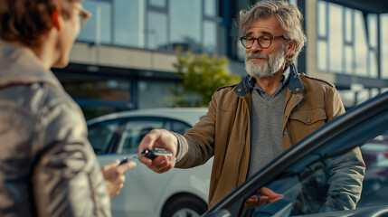 Man receiving car key in parking lot