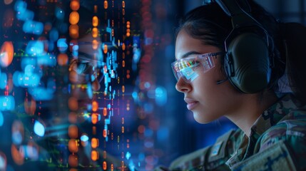 Army communication, portrait, and double exposure with a woman online for location or tactic. Map, dashboard, or interface featuring a young solider talking to a soldier via headset.