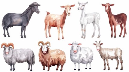 Cartoon farm animals on white background - fluffy alpaca, goat, horse, ram, sheep and cow.