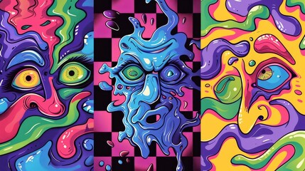 Psychedelic pattern set with waves on checkerboard print, liquid twirls and swirls, surreal eyes and emoji faces melting cartoon illustration.