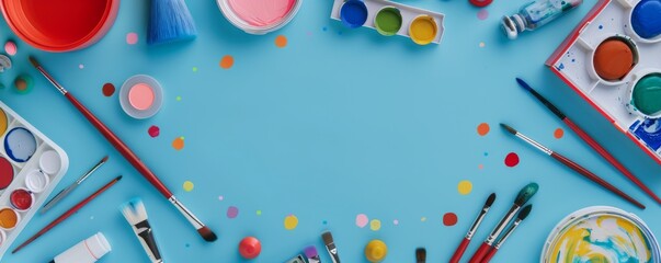 Colorful arts and crafts supplies arranged on a blue background