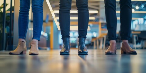 Fototapeta premium In meeting, interview, or waiting room, businesspeople, legs, and team stand. Corporate employees in formal shoes or feet working together for hiring, recruiting, or growth.
