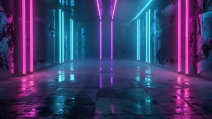 Long Hallway With Neon Lights and Graffiti