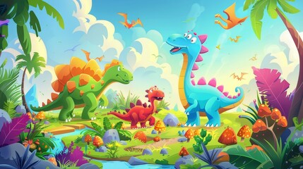 This vibrant image features playful cartoon dinosaurs in a variety of colors surrounded by whimsical flora and other cute elements.