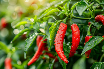 Numerous red chili cayenne pepper plants