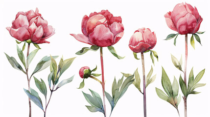 Fototapeta premium Modern watercolor art of peony flowers and green leaves, perfect for wedding decorations, isolated on white background