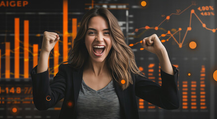 A happy trader girl rejoices at a successful deal