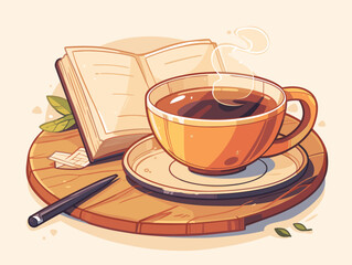 Open book rests on a wooden surface next to a steaming coffee cup