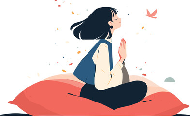 Vector illustration of a young woman in a peaceful seated position on a red meditation cushion