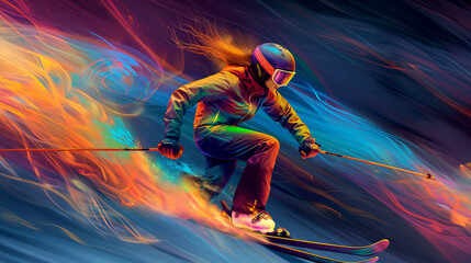 A female skier wearing colorful is moving at full speed, with colored flames behind her and a dark background