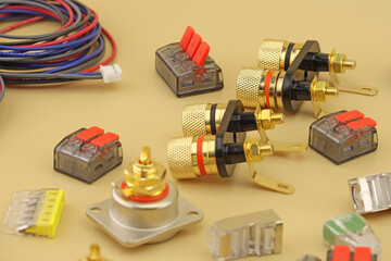 Terminals for connection of copper mounting electrical wires. Close-up. Soft focus.