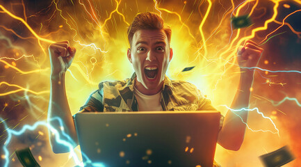A young man with an excited expression on his face, surrounded by lightning bolts and energy symbols