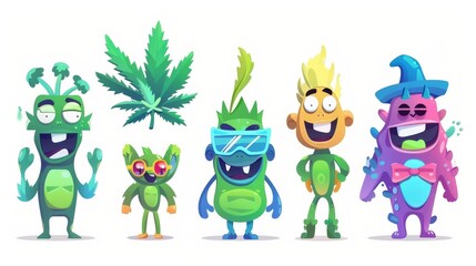 An illustration of marijuana leaves on a white background. Modern Collection Set of Marijuana Leaf Cartoon Characters.