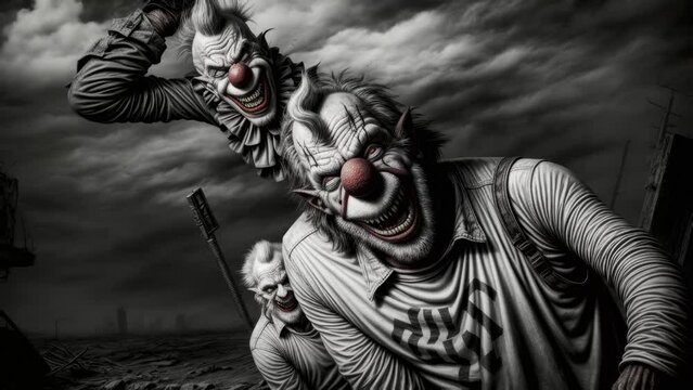 Zoom out black and white animated threatening clowns and monsters with a scary smile