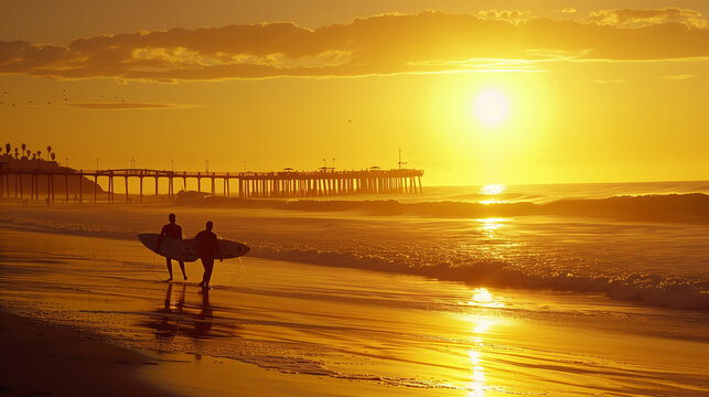 La Jolla Beach Sunset: Surfers and Pier in San Diego
