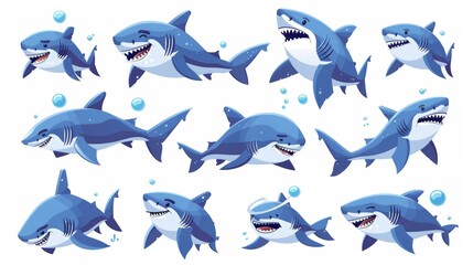 Animated cartoon illustration of sharks in different poses, laughing, sleeping, swimming, smiling, sad, scared and angry. Marine animal and fish concept illustration.