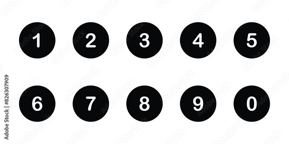 Poster number buttons. black buttons with numbers on a white background, vector design elements. simple num