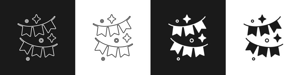 Set Carnival garland with flags icon isolated on black and white background. Party pennants for birthday celebration, festival and fair decoration. Vector