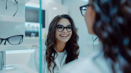 Mirror, optometry store, and woman surprised by eyeglasses, optical clinic merchandise, or prescription eyewear. Face reflection, eye care, and surprised, impressed, and excited for glasses