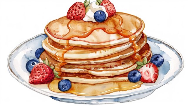 recommend clip art: The cartoon cartoon breakfast dessert watercolor illustration painting depicts fresh pancakes stacked on white plate with maple syrup, mixed berries (strawberry, blueberry), cream, butter; warm,