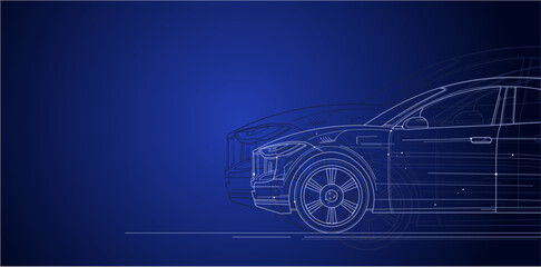 blue background with modern car, automotive, empty space - vector illustration