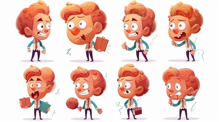Cartoon character brainy expression emoticons and intelligence emojis isolated on white background. Think like a businessman or superman.