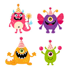 Set of funny monsters in flat style. Birthday, holiday, congratulation. Kids monster character.