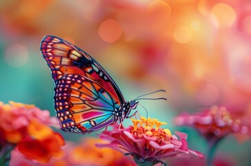 AI generated illustration of Oan oange and black butterfly perched on vibrant red and yellow flowers