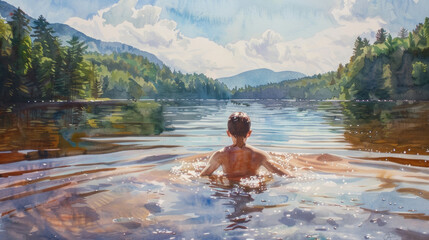 A painting depicting a boy joyfully swimming in a lake, surrounded by nature