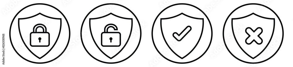 Wall mural Set of security shield icons, security shields logotypes with check mark and padlock. Security shield symbols. Vector illustration.