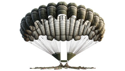Military parachute isolated on a white background. The parachute features a large, durable canopy with suspension lines, harness, and rigging. 
